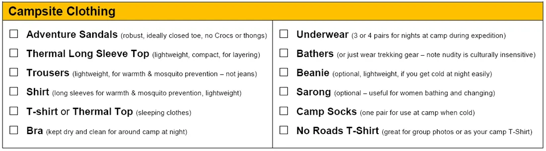 Camp clothing checklist